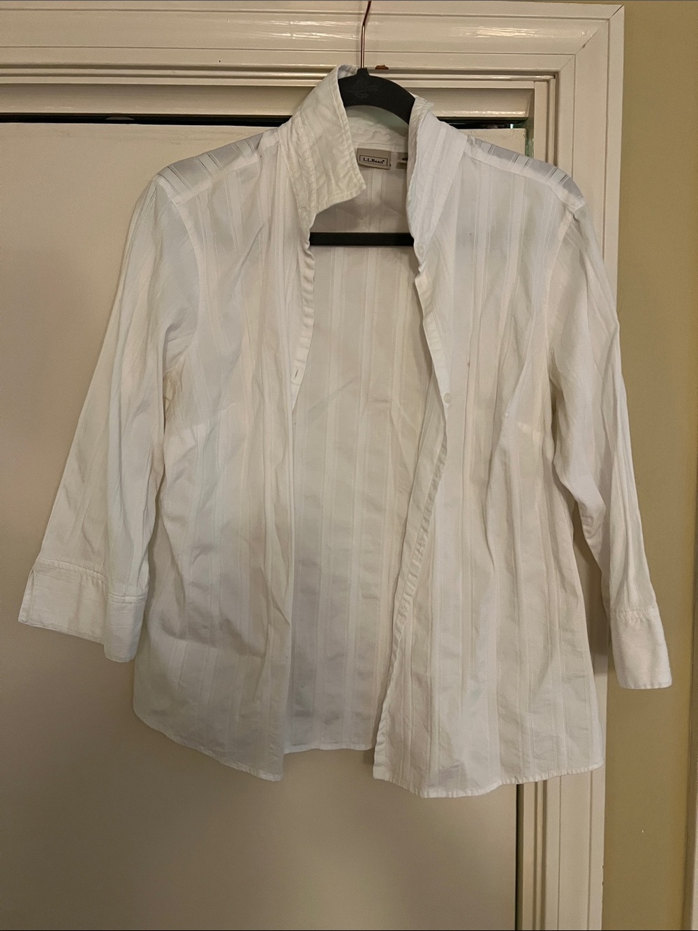 L.L. Bean White Women's Button-Up Shirt with Subtle Stripes large
